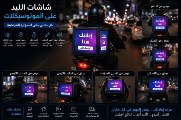 موتوسيكل يحمل شاشة LED إعلانية متحركة تعرض إعلانًا مضيئًا في شارع مزدحم ليلًا مع توضيح زوايا العرض المختلفة ومميزات الإعلان المتنقل.
