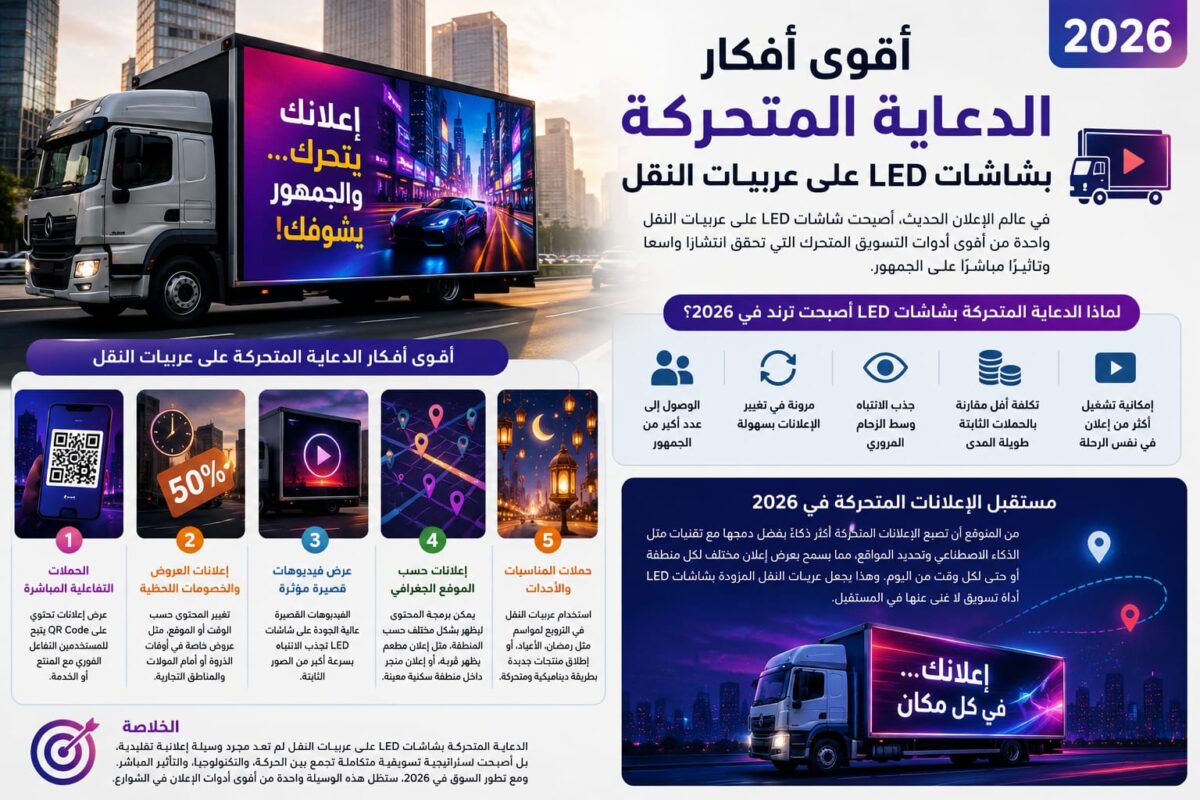شاحنة نقل بشاشة LED إعلانية متحركة تعرض إعلان رقمي في شارع مدينة حديثة