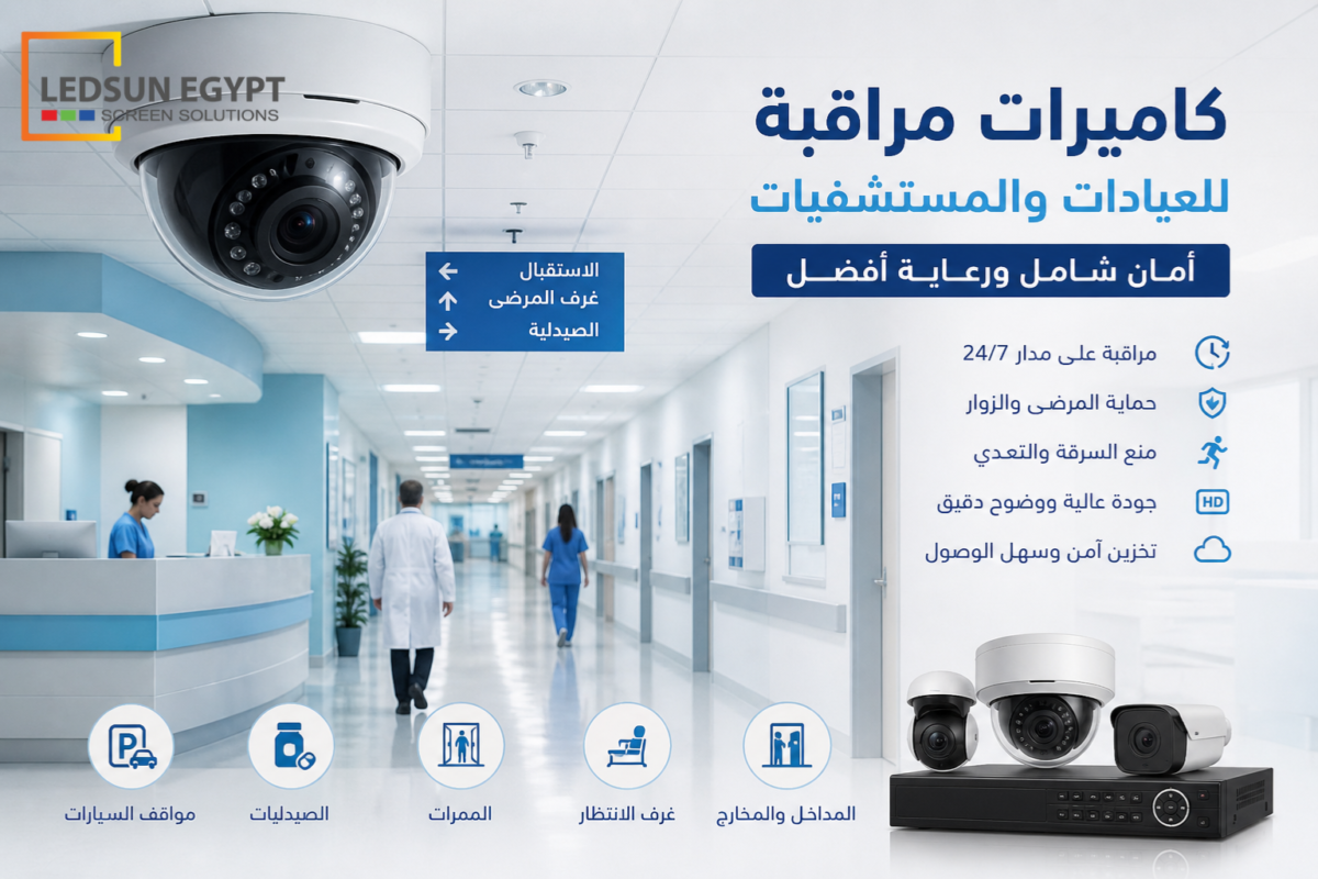 كاميرات مراقبة حديثة داخل مستشفى متطور لمتابعة الممرات والاستقبال وضمان الأمان الطبي للمرضى والطاقم