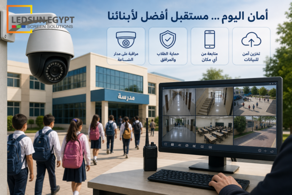 كاميرات مراقبة حديثة داخل مدرسة تعرض شاشات متابعة للطلاب والفصول لتعزيز الأمان داخل المؤسسة التعليمية