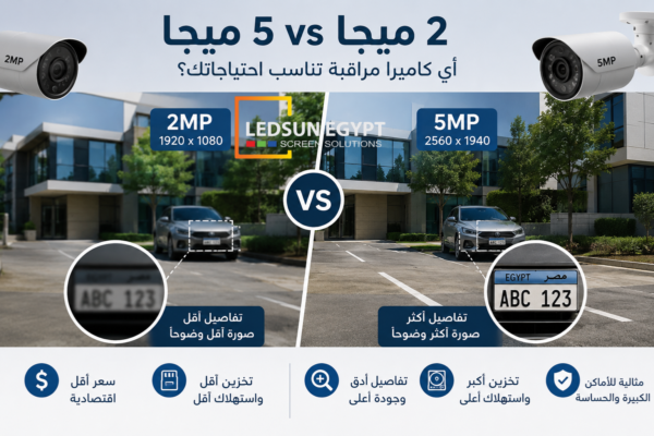 صورة توضح مقارنة بين كاميرا 2 ميجا وكاميرا 5 ميجا من حيث جودة الصورة ووضوح التفاصيل عند المراقبة