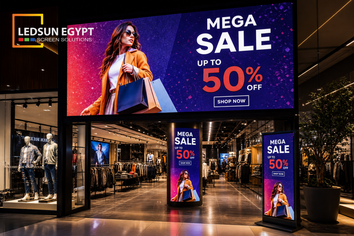 واجهة متجر حديثة مزودة بشاشات LED كبيرة تعرض إعلان خصم 50% وعروض تسويقية جذابة، مع تصميم داخلي أنيق يعكس استخدام شاشات العرض الرقمية في المحلات التجارية لزيادة جذب العملاء