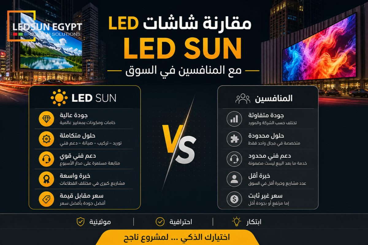 مقارنة LED SUN مع المنافسين في شاشات LED في مصر توضح الفرق في الجودة والدعم والخبرة والسعر