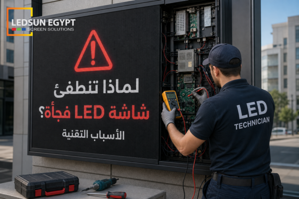 فني يقوم بفحص شاشة LED إعلانية متوقفة عن العمل باستخدام أدوات قياس كهربائية أثناء صيانة المكونات الداخلية