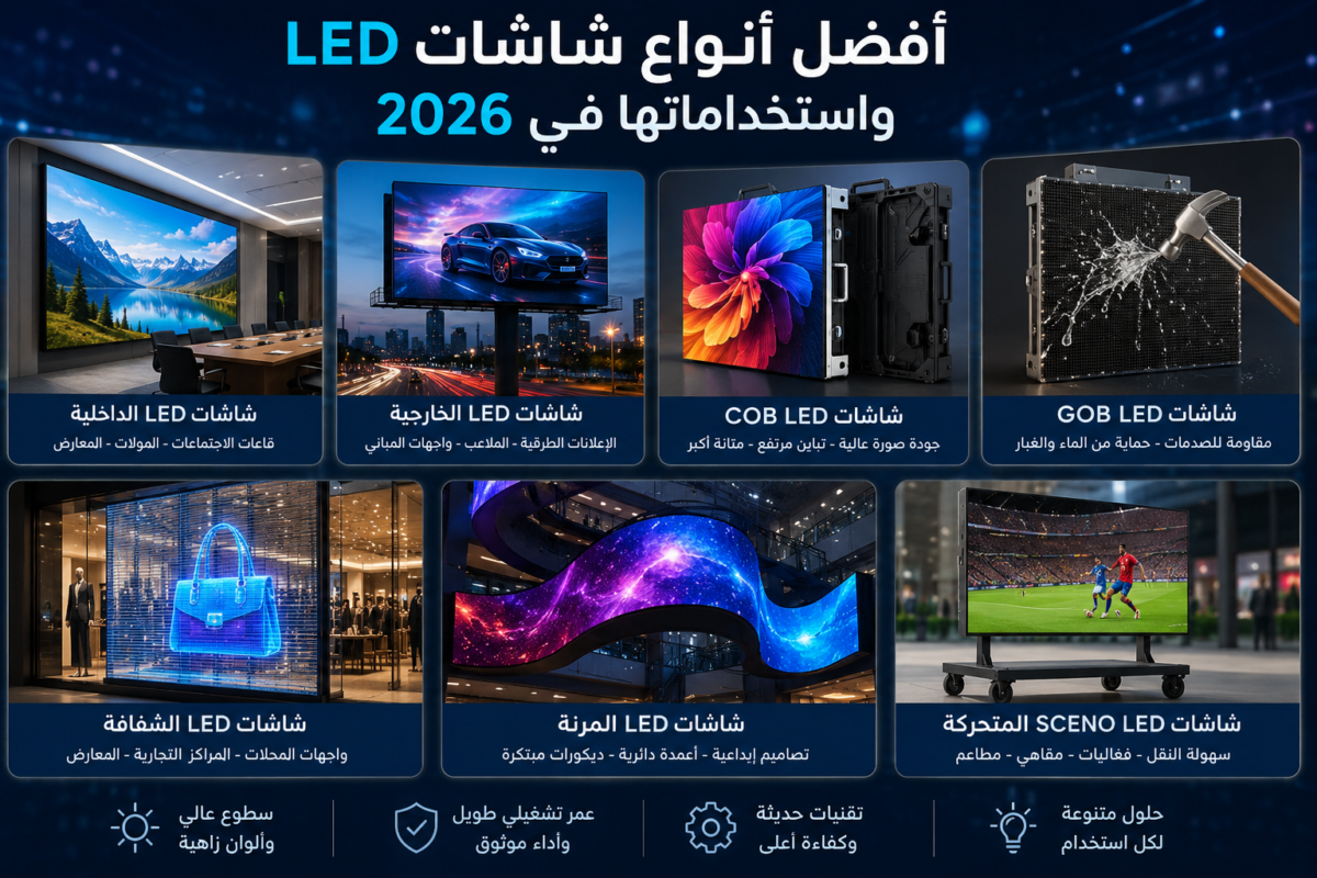 إنفوجرافيك يوضح أفضل أنواع شاشات LED في 2026 مثل الشاشات الداخلية والخارجية وCOB وGOB والشاشات الشفافة والمرنة وشاشات SCENO المتحركة واستخدامات كل منها.