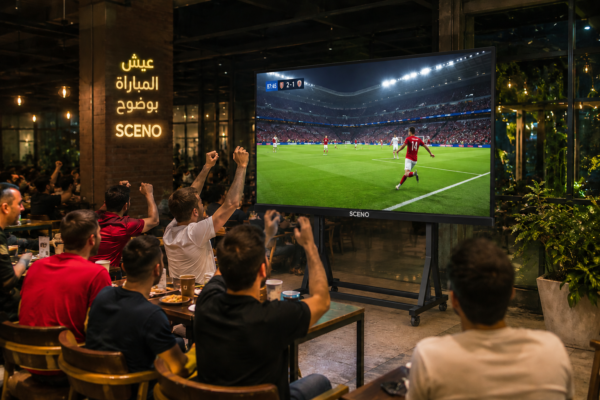 شاشة SCENO متنقلة تعرض مباراة كرة قدم بجودة عالية داخل كافيه مزدحم بالمشجعين.
