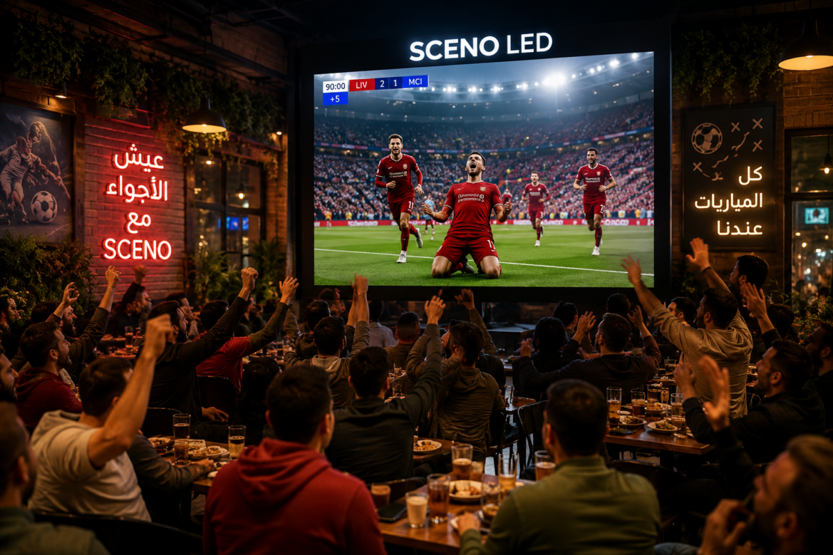 شاشات SCENO LED تعرض مباراة كرة قدم داخل كافيه مزدحم بالمشجعين.