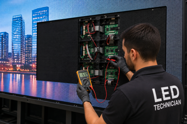 فني صيانة يفحص جزءًا متوقفًا عن العمل داخل شاشة LED كبيرة ويقوم باختبار التوصيلات الإلكترونية.