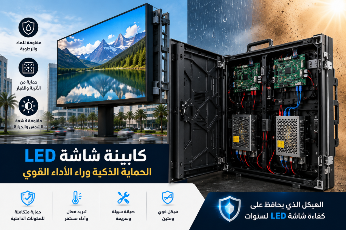 كابينة شاشة LED مفتوحة توضح المكونات الداخلية ودورها في حماية الشاشة من العوامل الجوية وتحسين الأداء.