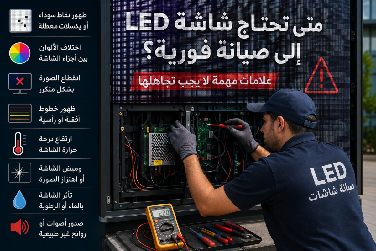 فني يقوم بصيانة شاشة LED كبيرة مع عرض علامات الأعطال التي تتطلب صيانة فورية مثل البكسلات المعطلة وانقطاع الصورة وارتفاع درجة الحرارة.