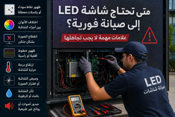 فني يقوم بصيانة شاشة LED كبيرة مع عرض علامات الأعطال التي تتطلب صيانة فورية مثل البكسلات المعطلة وانقطاع الصورة وارتفاع درجة الحرارة.