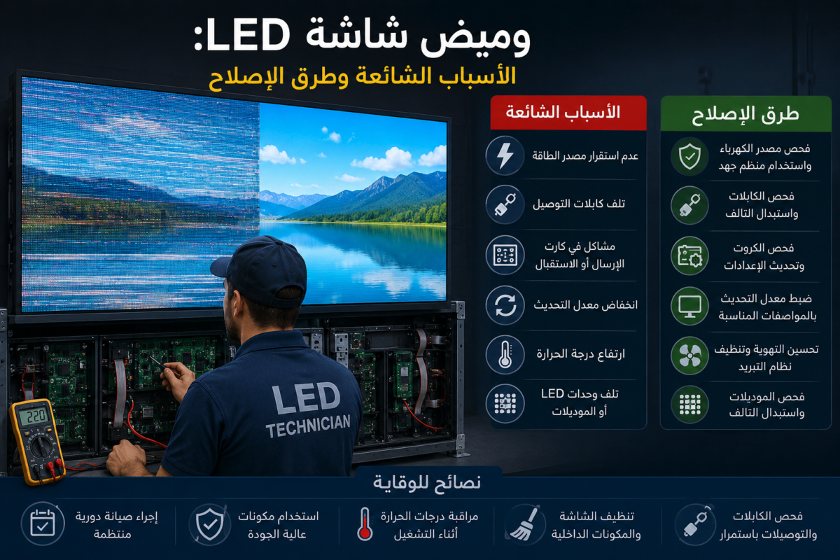 فني صيانة يفحص شاشة LED تعاني من وميض وتشويش في الصورة، مع عرض الأسباب الشائعة مثل مشاكل الطاقة والكابلات وطرق الإصلاح والصيانة الوقائية.