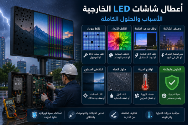 فني يقوم بصيانة شاشة LED خارجية مع عرض أبرز الأعطال الشائعة مثل البكسلات التالفة ووميض الشاشة واختلاف الألوان والحلول المناسبة لكل مشكلة.