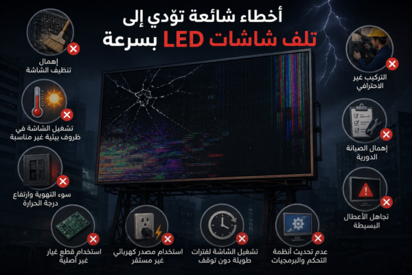 إنفوجرافيك يوضح أبرز الأخطاء التي تؤدي إلى تلف شاشات LED بسرعة مثل إهمال الصيانة وسوء التهوية وعدم استقرار مصدر الكهرباء.