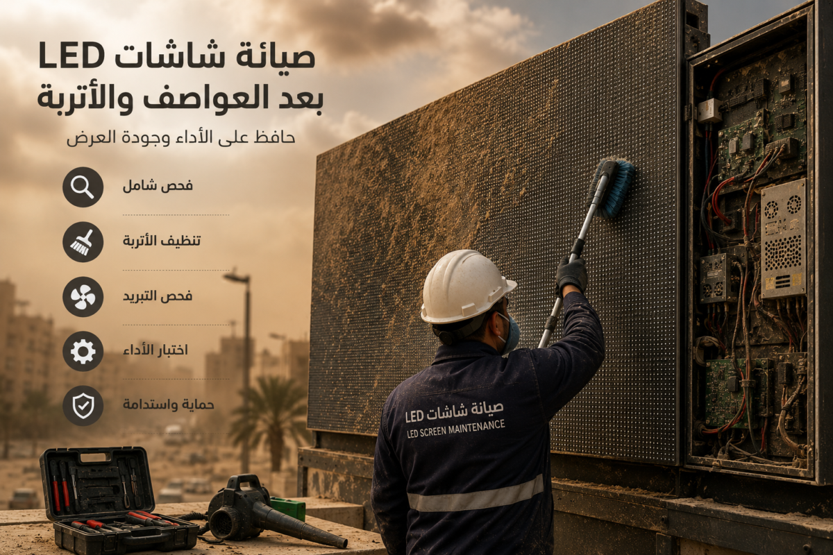 فني ينظف شاشة LED خارجية متأثرة بالأتربة بعد عاصفة رملية أثناء إجراء أعمال الصيانة والفحص للحفاظ على جودة العرض.
