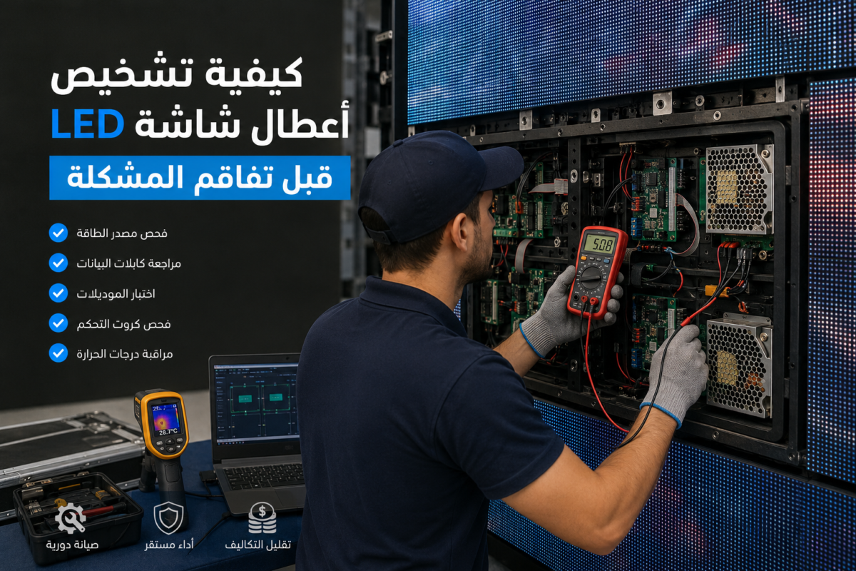 فني يفحص مكونات شاشة LED الداخلية باستخدام جهاز قياس إلكتروني لتشخيص الأعطال واكتشاف المشكلات قبل تفاقمها.