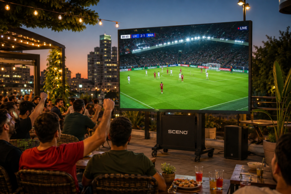 شاشة SCENO LED متحركة تعرض مباراة كرة قدم في كافيه خارجي مع جمهور يشاهد المباراة في الهواء الطلق.