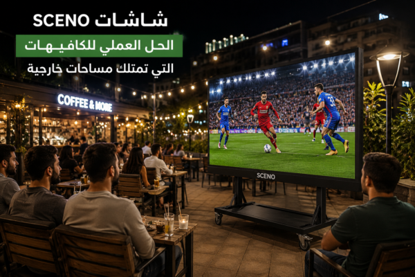 شاشة SCENO LED متحركة في كافيه خارجي تعرض مباراة كرة قدم أمام مجموعة من العملاء داخل جلسة خارجية بإضاءة ليلية.