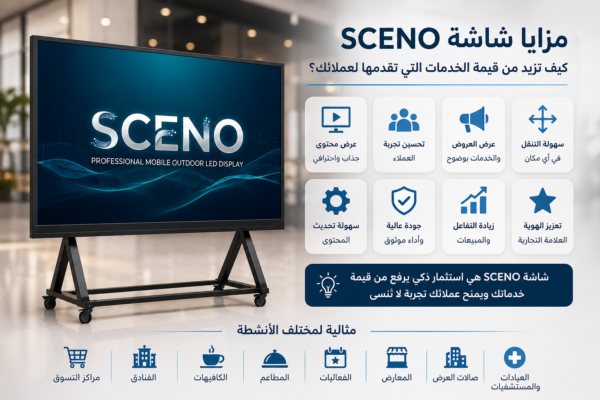 شاشة SCENO LED متنقلة تعرض مزايا تحسين تجربة العملاء وزيادة قيمة الخدمات مع تصميم احترافي مناسب للكافيهات والفنادق والمعارض والفعاليات.