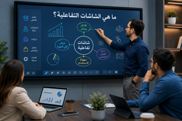 شاشة تفاعلية ذكية تعمل باللمس داخل قاعة اجتماعات حديثة مع فريق عمل يتفاعل مع المحتوى المعروض على الشاشة.
