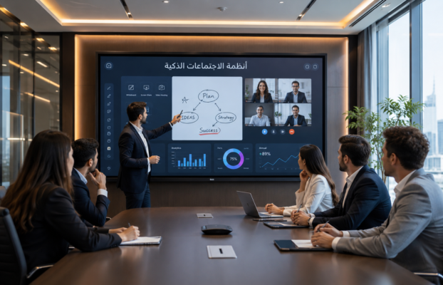 شاشة تفاعلية ذكية داخل قاعة اجتماعات حديثة تعرض أدوات التعاون والاجتماعات المرئية والبيانات التفاعلية بحضور فريق عمل أثناء اجتماع احترافي.