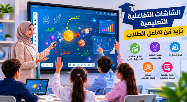 طلاب يتفاعلون مع شاشة تفاعلية تعليمية داخل فصل دراسي حديث أثناء شرح درس باستخدام تقنيات التعليم الذكي.