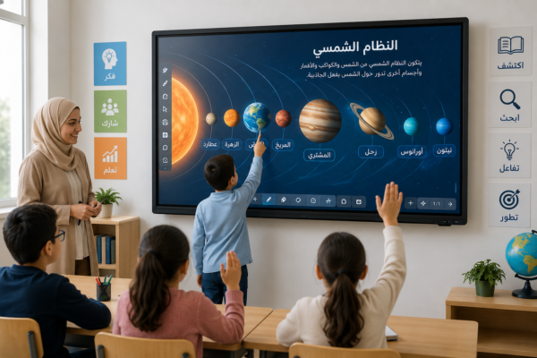 شاشة تفاعلية تعليمية داخل فصل دراسي حديث يستخدم التكنولوجيا الذكية في التعليم