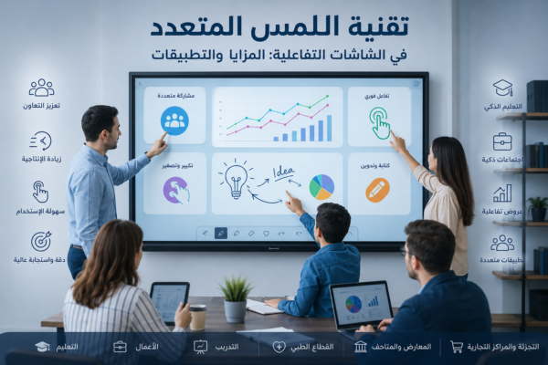 طلاب ومعلم يستخدمون شاشة تفاعلية تعمل بتقنية اللمس المتعدد داخل فصل ذكي يعكس مفهوم التعليم التفاعلي الحديث