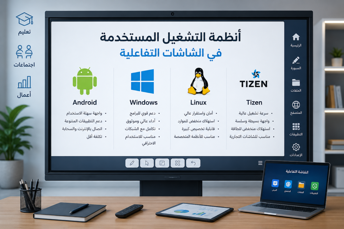 شاشة تفاعلية حديثة تعرض مقارنة بين أنظمة التشغيل المستخدمة مثل Android وWindows وLinux وTizen داخل بيئة عمل أو تعليم متطورة