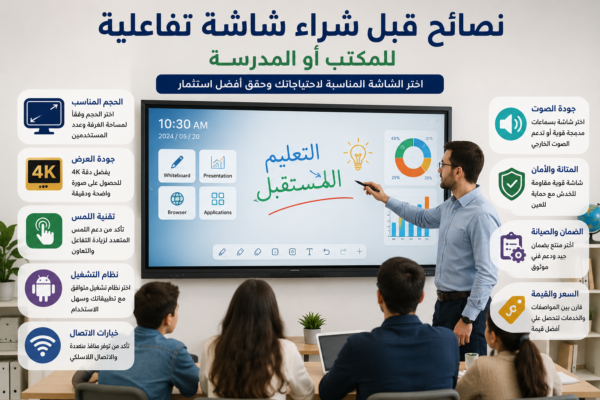 شاشة تفاعلية حديثة في فصل دراسي أو غرفة اجتماعات توضح أهم النصائح قبل شراء شاشة تفاعلية للمكتب أو المدرسة