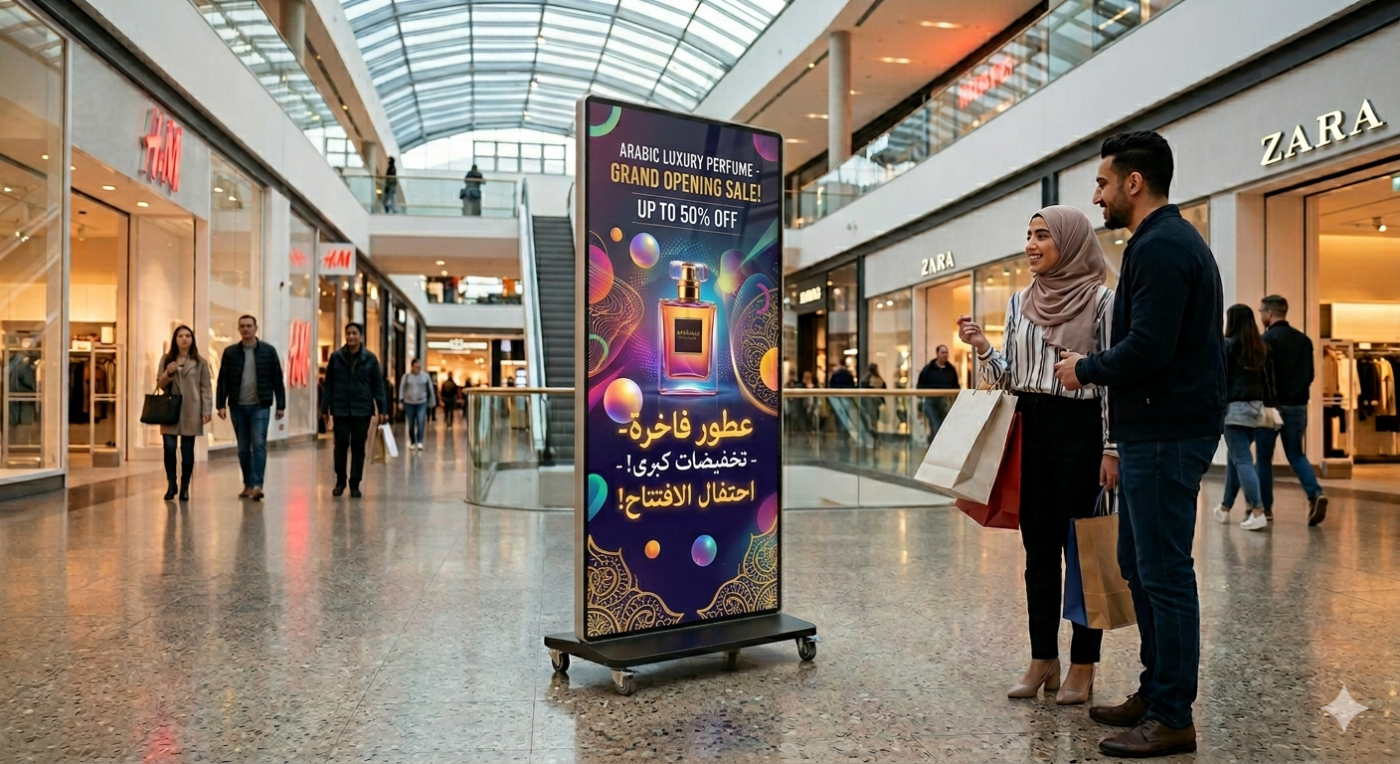شاشة ليد بوستر متنقلة بتصميم عصري مزودة بعجلات تعرض إعلانًا رقميًا عالي الجودة داخل مركز تجاري حديث لجذب العملاء والزوار.