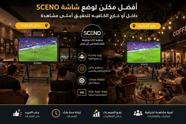 شاشة SCENO LED متنقلة داخل وخارج كافيه تعرض مباراة كرة قدم لتحقيق أفضل زاوية مشاهدة للعملاء.