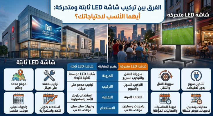 مقارنة بين شاشة LED ثابتة مثبتة على واجهة مبنى وشاشة SCENO LED متحركة بعجلات أمام كافيه خارجي.