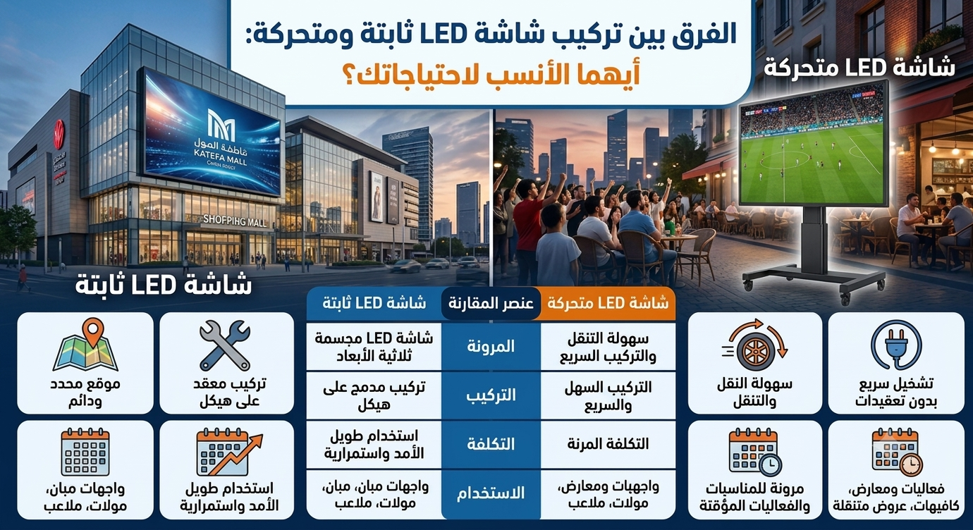 مقارنة بين شاشة LED ثابتة مثبتة على واجهة مبنى وشاشة SCENO LED متحركة بعجلات أمام كافيه خارجي.