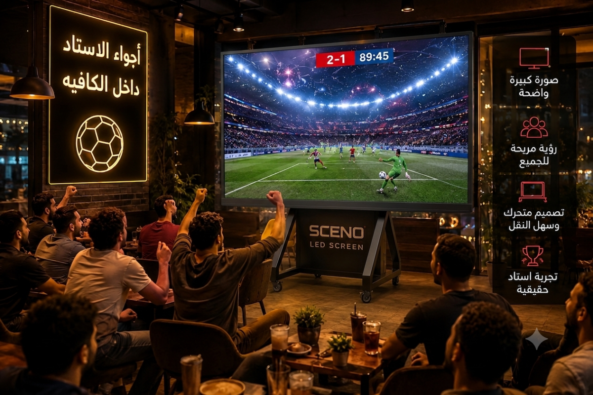 شاشة SCENO LED متحركة داخل كافيه تعرض مباراة كرة قدم أمام جمهور يستمتع بتجربة مشاهدة تشبه أجواء الاستاد.