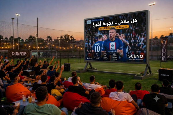 الشاشة المتنقلة SCENO تعرض فعالية رياضية في ساحة خارجية.