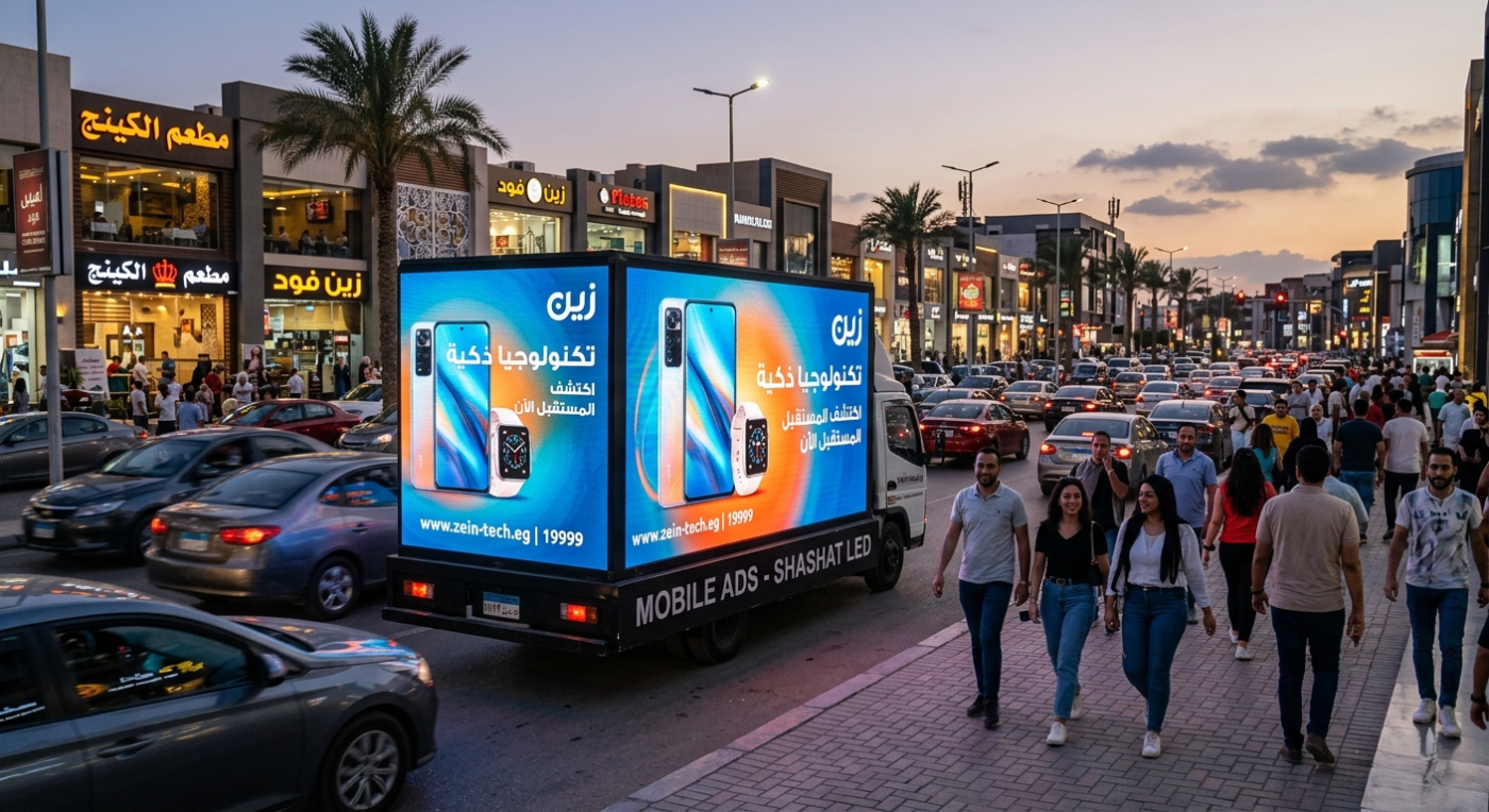عربة نقل مزودة بشاشات ليد إعلانية تعرض محتوى تسويقي متحرك أثناء سيرها في شارع حيوي لجذب انتباه المارة والسائقين.