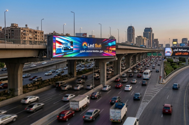 شاشة LED إعلانية كبيرة مثبتة على كوبري فوق طريق سريع تعرض محتوى إعلاني عالي الوضوح أمام حركة المرور.