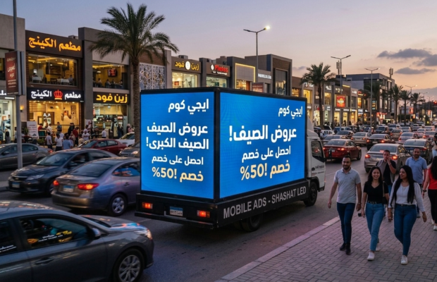 عربة نقل مزودة بشاشة ليد متحركة تعرض إعلانًا رقميًا في أحد الشوارع الرئيسية.