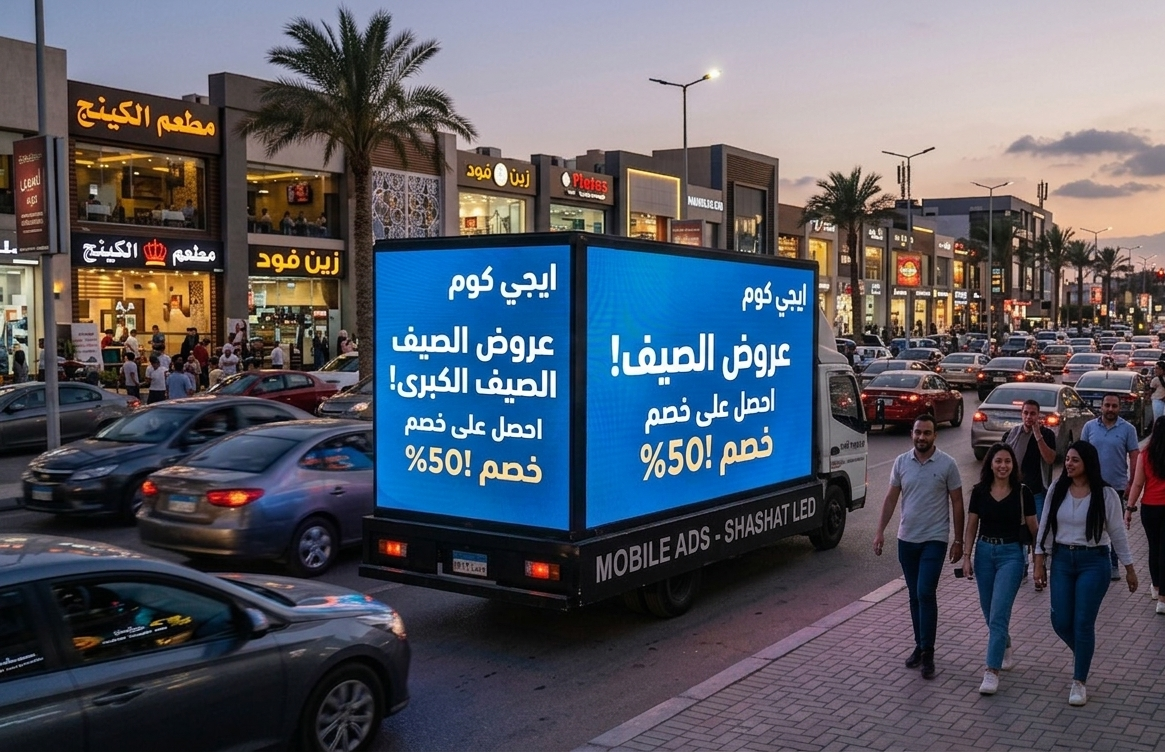 عربة نقل مزودة بشاشة ليد متحركة تعرض إعلانًا رقميًا في أحد الشوارع الرئيسية.