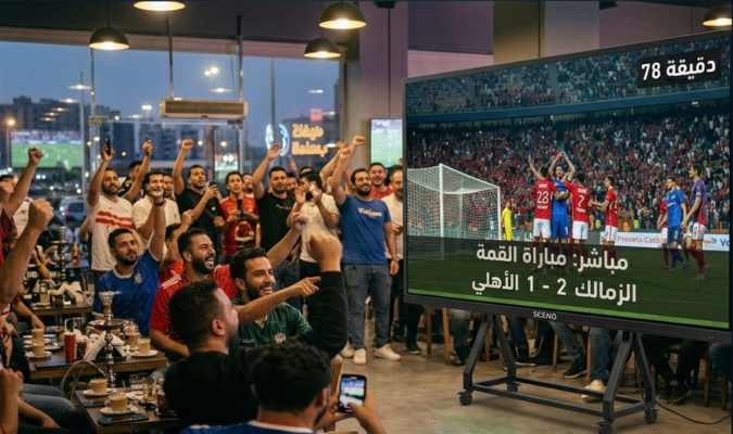 شاشة SCENO المتنقلة تعرض مباراة كرة قدم داخل كافيه وسط تفاعل الجمهور.