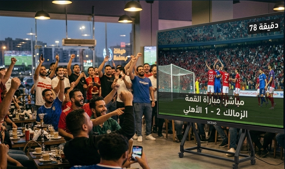 شاشة SCENO المتنقلة تعرض مباراة كرة قدم داخل كافيه وسط تفاعل الجمهور.