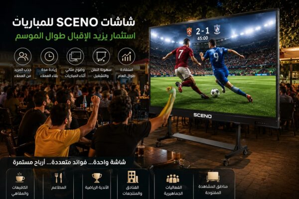 شاشة SCENO LED متنقلة تعرض مباراة كرة قدم بجودة عالية داخل كافيه مزدحم بالجماهير أثناء متابعة المباراة، مع توضيح مزايا الشاشة في جذب العملاء وزيادة الإقبال.