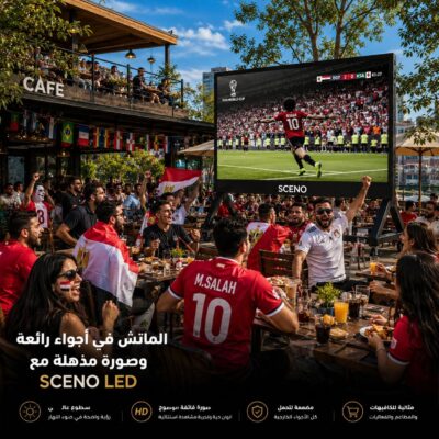 شاشة SCENO LED على حامل متحرك توفر تجربة مشاهدة احترافية للعملاء داخل كافيه أثناء عرض مباراة بجودة صورة عالية.