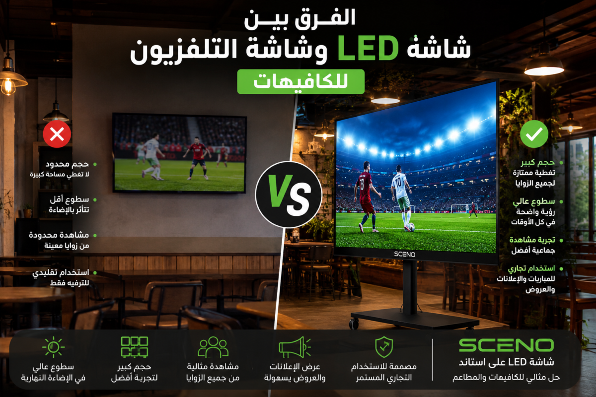 شاشة LED SCENO على استاند داخل كافيه لعرض المباريات بجودة عالية