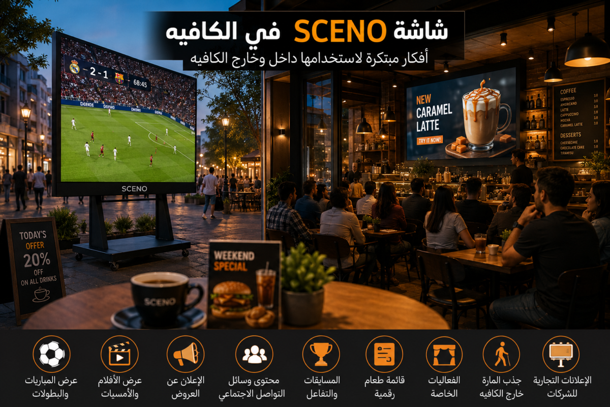 شاشة SCENO داخل وخارج الكافيه تعرض مباراة كرة قدم ومحتوى إعلاني لجذب العملاء وتعزيز تجربة الزوار.