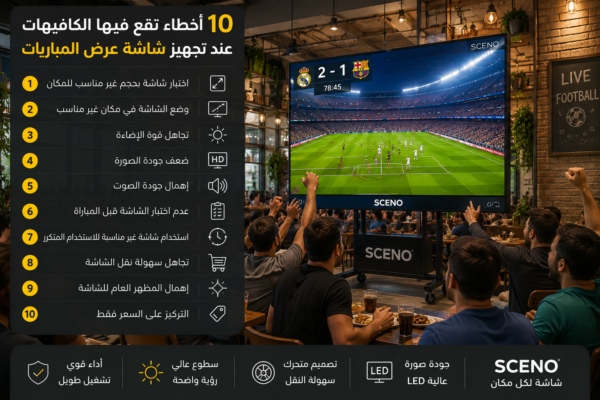 شاشة SCENO LED داخل كافيه تعرض مباراة كرة قدم بجودة عالية مع تجمع العملاء لمشاهدة المباراة.
