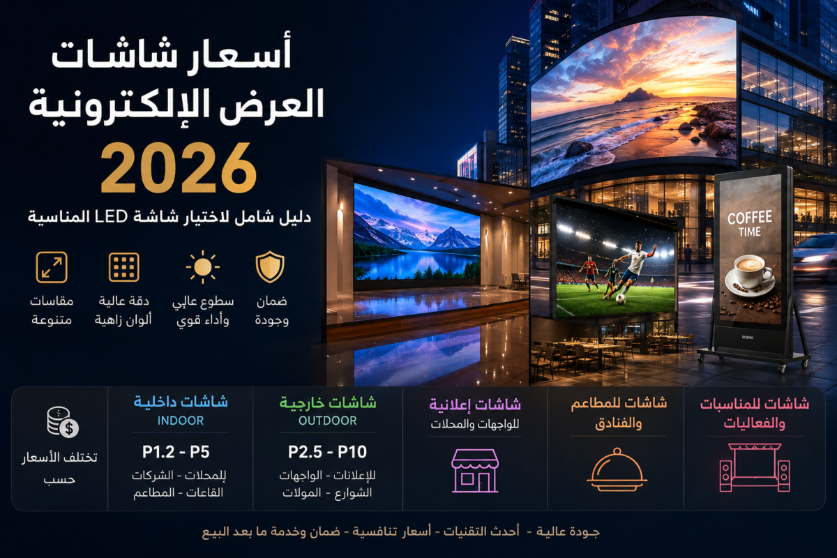 أسعار شاشات العرض الإلكترونية 2026 وشاشات LED الداخلية والخارجية
